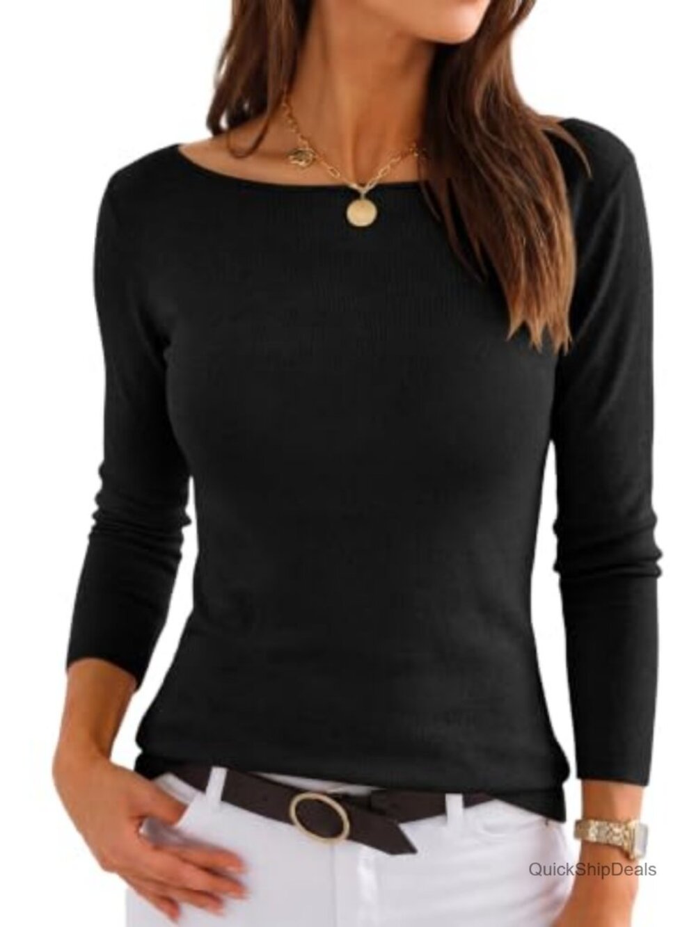 Women's Fall Long Sleeve Boat Neck Lightweight Pullover Sweater
